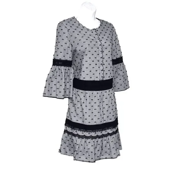 A5 NEW KOBI HALPERIN Gray & White Pinstripe Black Dots Bell Sleeve Dress Size XS - Picture 3 of 6